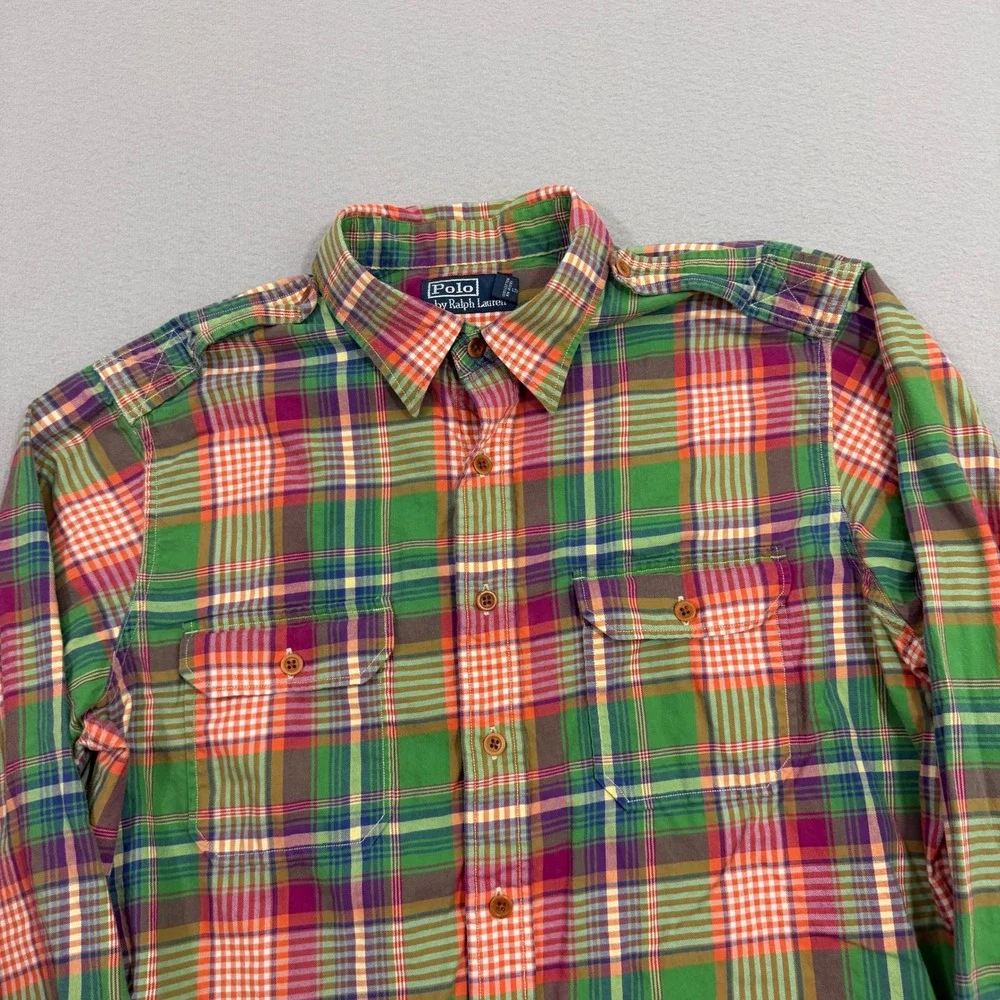 Vintage Polo Ralph Lauren Button Down XL Green Plaid Utility Epaulet Preppy 90s